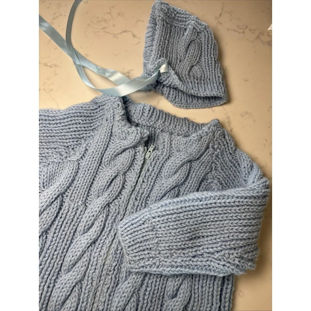 Handknit Baby‎ Sweater Sack Cable Knit Zipper Ribbon Matching Bonnet Boy Blue